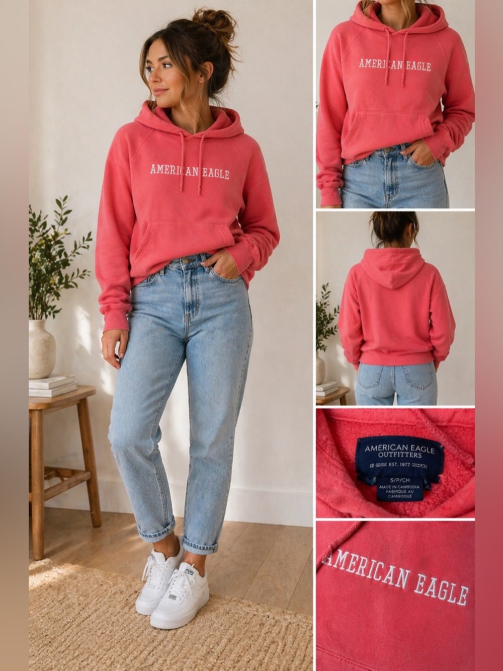 American Eagle Coral Pink Hoodie Embroidered Logo Pullover Cozy Casual Small